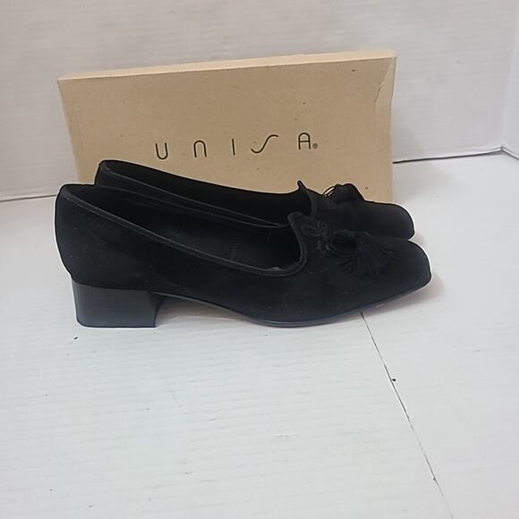1990's Unisa Suede Black Tassled Loafer Kitten Block Heel Women's Size 6.5 Read - Picture 1 of 8